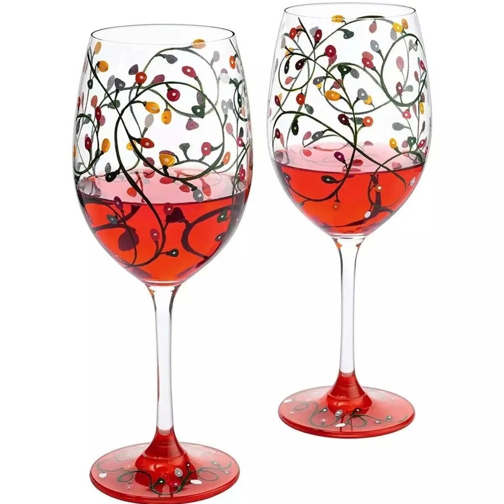 The Wine Savant Christmas Lights Hand Painted Wine Glasses Set of 2 NWT